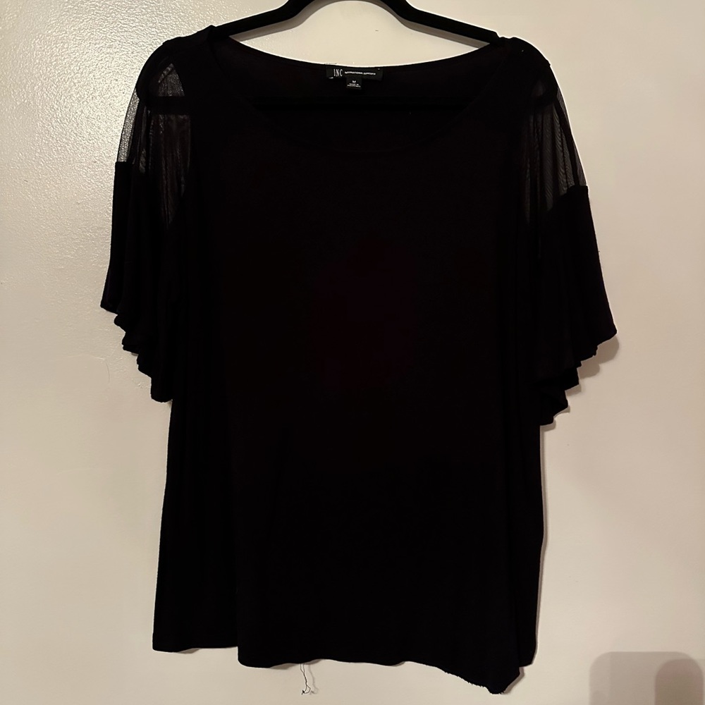 INC International Concepts Black Mesh Flutter Sleeve Blouse Size Medium